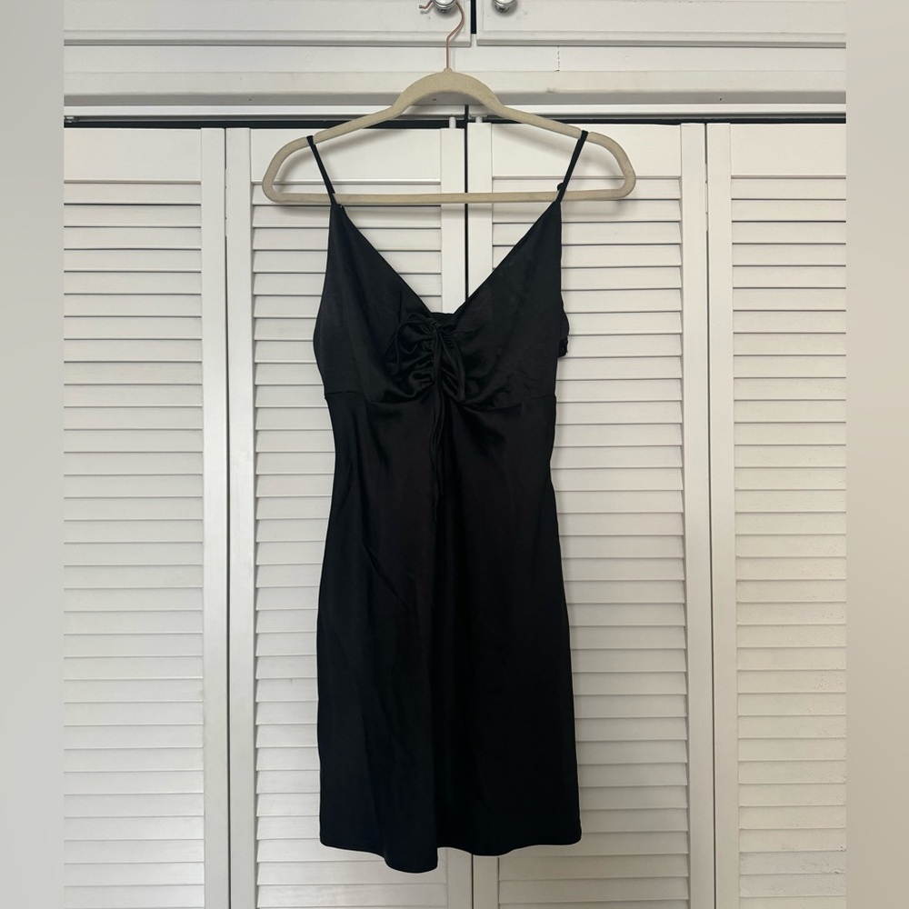 Black Satin Mini Dress with Bow Detailing & Adjustable Straps